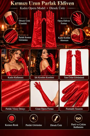 Kırmızı Uzun Parlak Eldiven Kadın Opera Dirsek Üstü Yılbaşı Halloween Cadılar Bayramı Bride