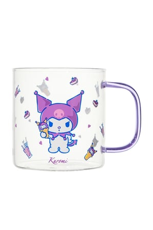 Sanrio Lisanslı Kuromi Renkli Saplı Cam Bardak – Borosilikat Cam Estetik Kupa 420 mL
