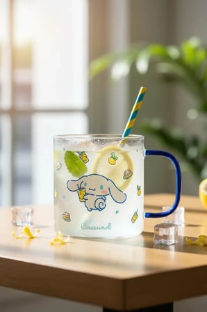 Sanrio Lisanslı Cinnamoroll Cam Bardak 420 Ml – Renkli Saplı Şeffaf Tasarım