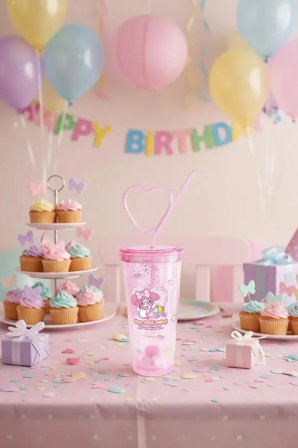 Sanrio Lisanslı My Melody Tatlı Fabrikası Serisi Kalp Pipetli Çift Duvarlı Şişe 440 ml