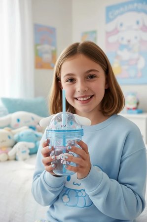Sanrio Lisanslı Cinnamoroll Tatlı Fabrikası Serisi Kulak Detaylı Pipetli Su Şişesi 435 ml