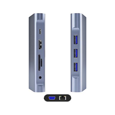 DM CHB055 Type-C to HDMI VGA RJ45 Ethernet 3*USB 3.0 Aux PD TF SD Kart Okuyucu Dönüştürücü