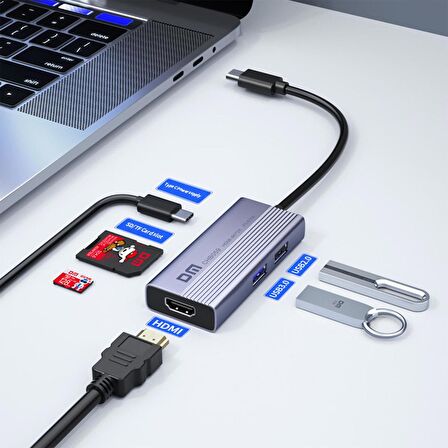 DM CHB059 Type-C to 4K HDMI 2*USB-A PD 60W SD ve Micro SD Kart Okuyucu Çoklayıcı Hub