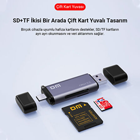 DM CR017 USB-A ve Type-C SD Micro SD TF Kart Okuyucu