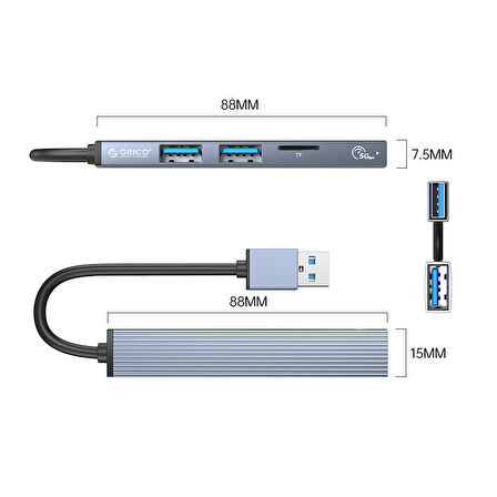 Orico 3 Portlu USB 3.0 Çoklayıcı TF Micro SD Kart Okuyucu Hub Alüminyum