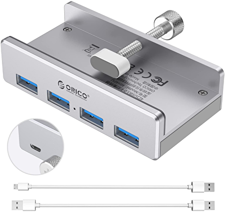 Orico 4 Portlu USB3.0 Ekstra 5V2A Güç Masa ve Monitör Kenar Kelepçeli Çoklayıcı HUB, 1 Metre, MH4PU-P