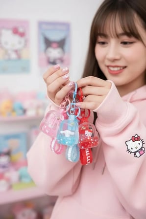 Sanrio Lisanslı Sırt Çantası Figürlü Sulu Anahtarlık - Şeffaf ve Hareketli Tasarım Çanta Aksesuarı