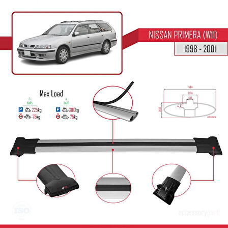 Nissan Primera 2 (W11) Traveller 1998-2001 Arası ile Uyumlu FLY Model Ara Atkı Tavan Barı Gri 3 Adet