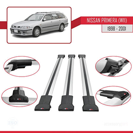 Nissan Primera 2 (W11) Traveller 1998-2001 Arası ile Uyumlu FLY Model Ara Atkı Tavan Barı Gri 3 Adet