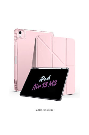 iPad Air 13 inç 2025 M3 Çip Uyumlu Kalem Bölmeli Standlı Akıllı Fuchsia Trifolding Tablet Kılıfı