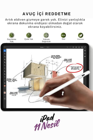 iPad 11 Nesil A16 2025 M3 Uyumlu Avuçiçi Red ve Eğim Özellikli Manyetik Yapışan Dokunmatik Kalem