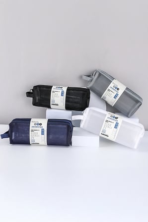 Miniso Minimalizm Serisi A6 Çift Izgara Örgü Kalemlik – Şeffaf Fileli Fermuarlı Kalem Kutusu