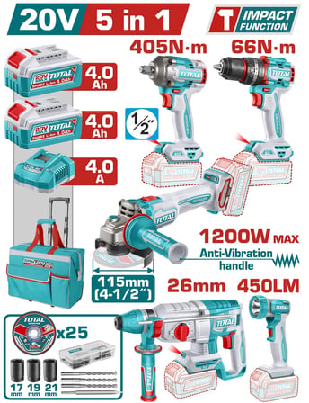 TOTAL AVANTAJ 5 Lİ SET - D.MATKAP, TAŞLAMA, KIRICI DELİCİ, SOMUN SÖKME, IŞIK TCKLI20595E