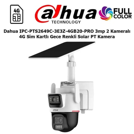 Dahua IPC-PTS2649C-3E3Z-4GB20-PRO 2X 3Mp 2.8MM Lens + 3.6 Lens + 8.4MM Lens 3 Kameralı WizColor 50Mt Gece Görüşü Hybrid-zoom PTZ 4G Solar Ip Kamera