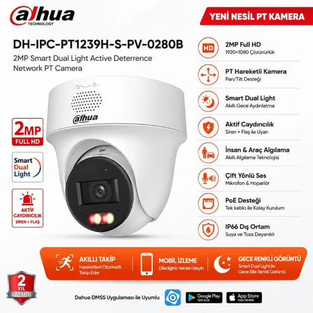 Dahua IPC-PT1239H-S-PV 2MP 2.8mm 30mt Dual Light İki Yönlü Konuşma Pan Tilt IP Dome Kamera