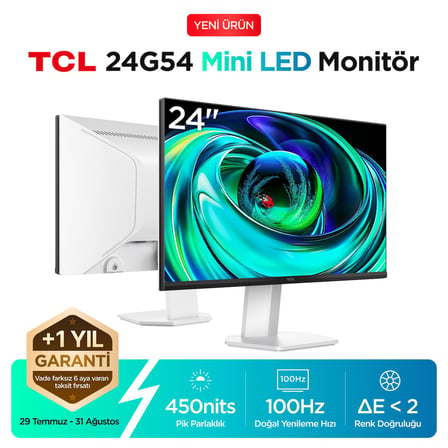 TCL 24G54 Ofis ve Çalışma Monitörü 24" 100Hz Fhd Mini LED Va Panel Ev, Okul ve Iş Ekranı (Hdmı+Vga, 400 Nits, Göz Koruma) (TCL Türkiye Garantili)