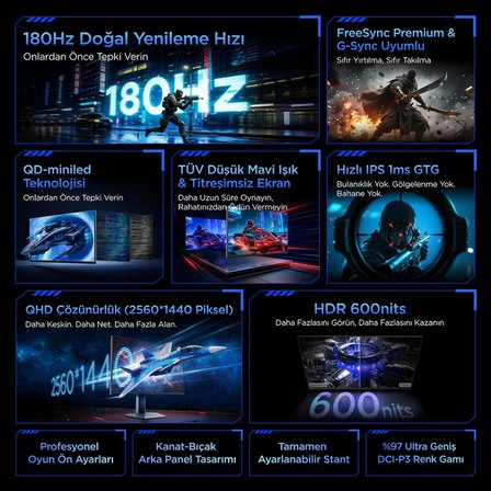TCL 27G64 Gaming Monitörü 27" 1ms 180Hz Qhd 2k Qd-Mini LED Oyuncu Monitörü (Hdmı+Dp, Fast-Hva Panel, Hdr 600, Freesync) (TCL Türkiye Garantili)