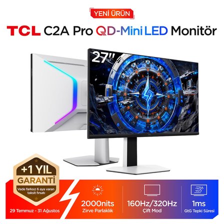 TCL 27C2A Pro Gaming Monitörü 27" 1ms 160Hz Dual-Mode UHD 4K Qd-Mini LED Profesyonel Oyuncu Monitörü (Hdmı+Dp, 2304 Bölge Lokal Karartma, Xdr 2000 Nits, Freesync Premium Pro & G-Sync Compatible) (TCL Türkiye Garantili)
