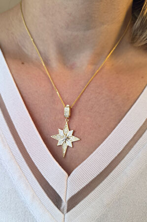 Altın Beyaz Mineli Kuzey Yıldızı Charm Kolye