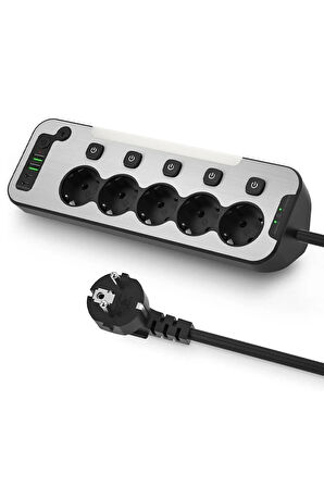 Bağımsız Anahtarlı 5'li Işıklı Akım Korumalı Çoklu Priz, 2x USB - 2x Type-C Giriş, Metal Ön Panel
