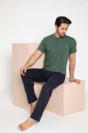 Erkek Ekose Desen 3 Düğmeli Bisiklet Yaka Bilek Manşetli Modal Mevsimlik Uzun Kol Cepli Pijama Takım