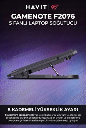 Gamenote F2076 Yükseklik Ayarlı 17" Uyumlu 5 Fanlı Laptop Soğutucu Stand 2400RPM