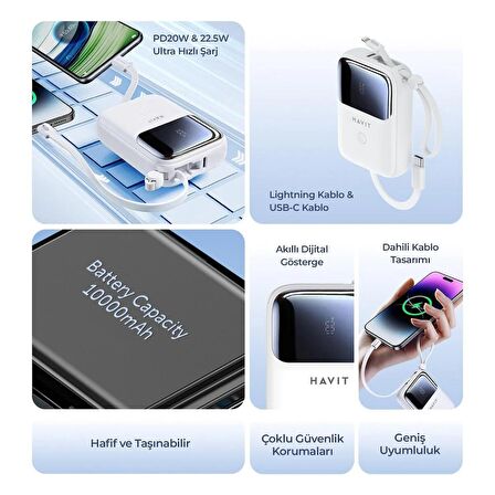 Havit PB5215 Type-C ve Lightning Kablo 10.000 Mah LED Göstegeli Powerbank Siyah
