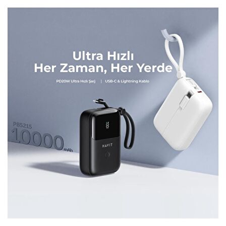 Havit PB5215 Type-C ve Lightning Kablo 10.000 Mah LED Göstegeli Powerbank Beyaz