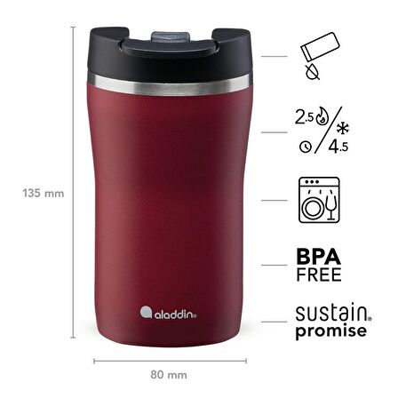 Aladdin Cafe Thermavac Leak-Lock Bordo 250 ml Paslanmaz Çelik Termos Mug