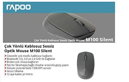 Rapoo M100 1300DPI Çok Modlu (Bluetooth 2.4GHz) Sessiz Tıklamalı Kablosuz Mouse