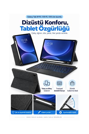 Galaxy Tab S9 FE S10 FE S10 Lite Uyumlu Klavyeli Tablet Kılıfı Trackpadli 7 Renk Aydınlatmalı Standlı