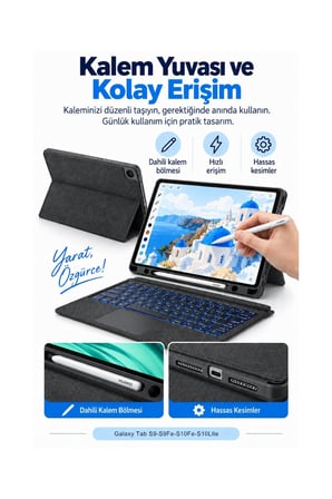 Galaxy Tab S9 FE S10 FE S10 Lite Uyumlu Klavyeli Tablet Kılıfı Trackpadli 7 Renk Aydınlatmalı Standlı