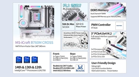Maxsun ICraft  B760M Cross  LGA1700 DDR5 6400 Mhz M.2 HDMI WIFI mAtx Intel Anakart Beyaz Renk