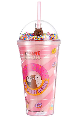 We Bare Bears Lisanslı Boncuklu Pipetli Plastik Şişe 480 Ml - Pembe