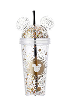 Mickey Mouse Lisanslı Çift Katlı Pipetli Şeffaf Plastik Suluk 420ML