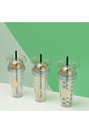 Mickey Mouse Lisanslı Çift Katlı Pipetli Şeffaf Plastik Suluk 420ML