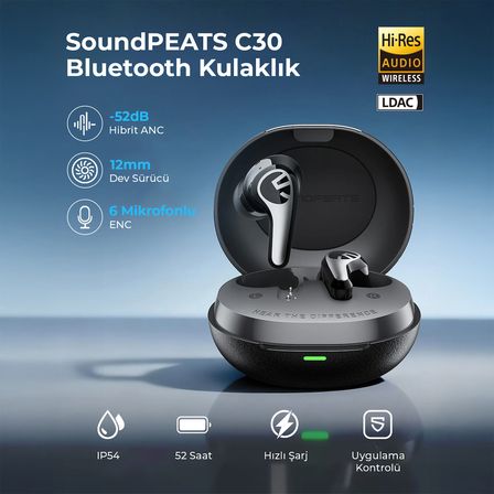 Soundpeats C30 Hybrid ANC Hi-Res LDAC TWS Bluetooth 6.0 Kablosuz Kulak içi Kulaklık Turuncu