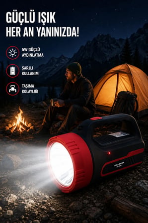 Şarjlı El Feneri Projektör 3000 Metre Menzilli 4000 mAh Bataryalı 2 Kademeli Aydınlatma 16 Saat Kullanım Süresi Omuz Askılı 5W Cree Led