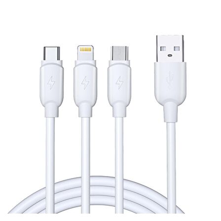 Rock G12 Three 3 in 1 Primary 3A 1.2 Metre ( Lightning, Type-C, Micro Usb ) Şarj ve Data Kablosu Bey