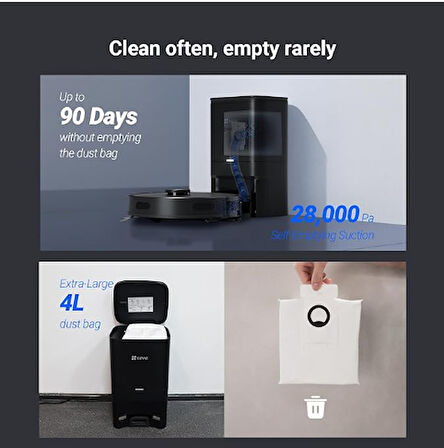 EZVIZ RE4 Plus Black Akıllı ve Paspaslı Robot Süpürge  Otomatik Çöp Boşaltma ve Şarj, Halı Algılama