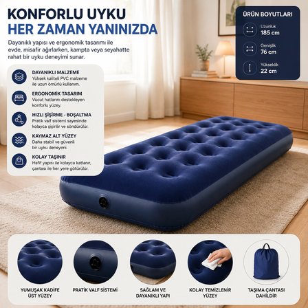 Şişme Tek Kişilik Yatak 185x76x22 cm Kadife Yüzey Kamp ve Misafir Yatağı