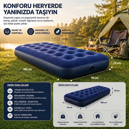 Şişme Tek Kişilik Yatak 185x76x22 cm Kadife Yüzey Kamp ve Misafir Yatağı