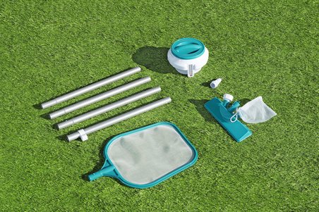 Bestway 58794 AquaClear Havuz Bakım Seti - Vakum, Süzgü Kepçe, Flatör, Test Şeritleri, Tamir Yamaları