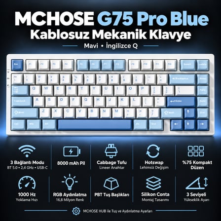 MCHOSE G75 Pro Blue %75 Cabbage Tofu Switch Hotswap RGB Kablosuz İngilizce Mekanik Gaming Klavye (G75-4A)