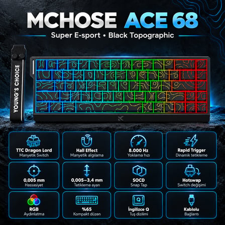 MCHOSE Ace 68 Super E-sport Black Topographic %65 TTC Dragon Lord Manyetik Switch 8K Hz Hall Effect Hotswap RGB İngilizce Mekanik Gaming Klavye (MC-Ace68-33)