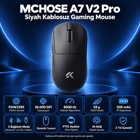 MCHOSE A7 V2 Pro Black 8K Hz PAW3395 Sensör Kablosuz Simetrik Gaming Mouse (MC-A7V2-1)