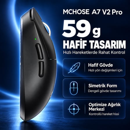 MCHOSE A7 V2 Pro Black 8K Hz PAW3395 Sensör Kablosuz Simetrik Gaming Mouse (MC-A7V2-1)