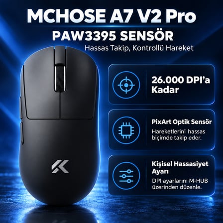 MCHOSE A7 V2 Pro Black 8K Hz PAW3395 Sensör Kablosuz Simetrik Gaming Mouse (MC-A7V2-1)