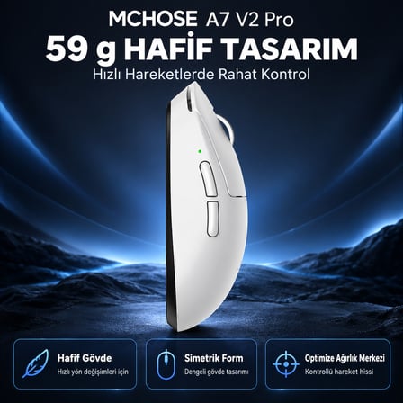 MCHOSE A7 V2 Pro White 8K Hz PAW3395 Sensör Kablosuz Simetrik Gaming Mouse (MC-A7V2-2)