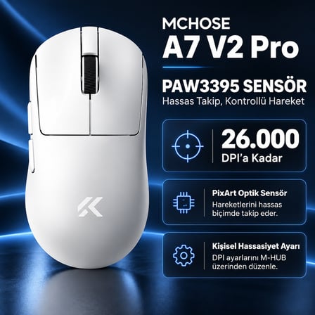 MCHOSE A7 V2 Pro White 8K Hz PAW3395 Sensör Kablosuz Simetrik Gaming Mouse (MC-A7V2-2)